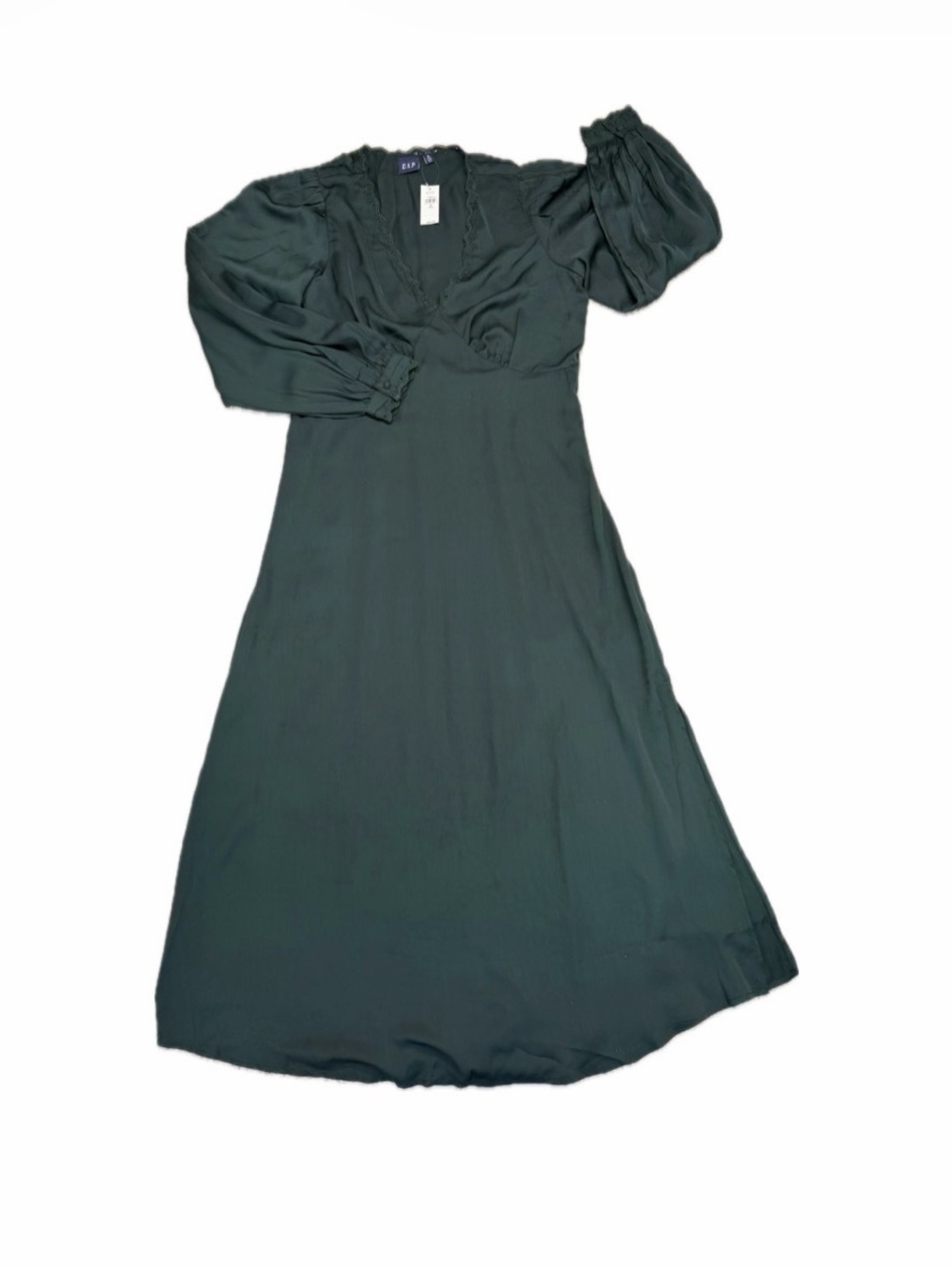 New GAP Women Satin Empire Maxi Dress Essex Green V neck Long Sleeve M Tall